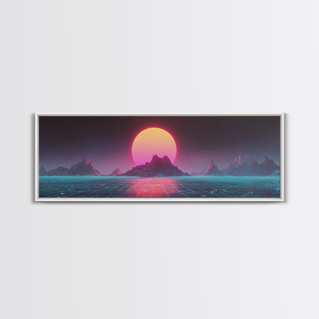 Alien Mountain Grid Sunset Wall Art, Retro Futuristic Synthwave Landscape, Vaporwave Home Decor, Large Horizontal Art Print