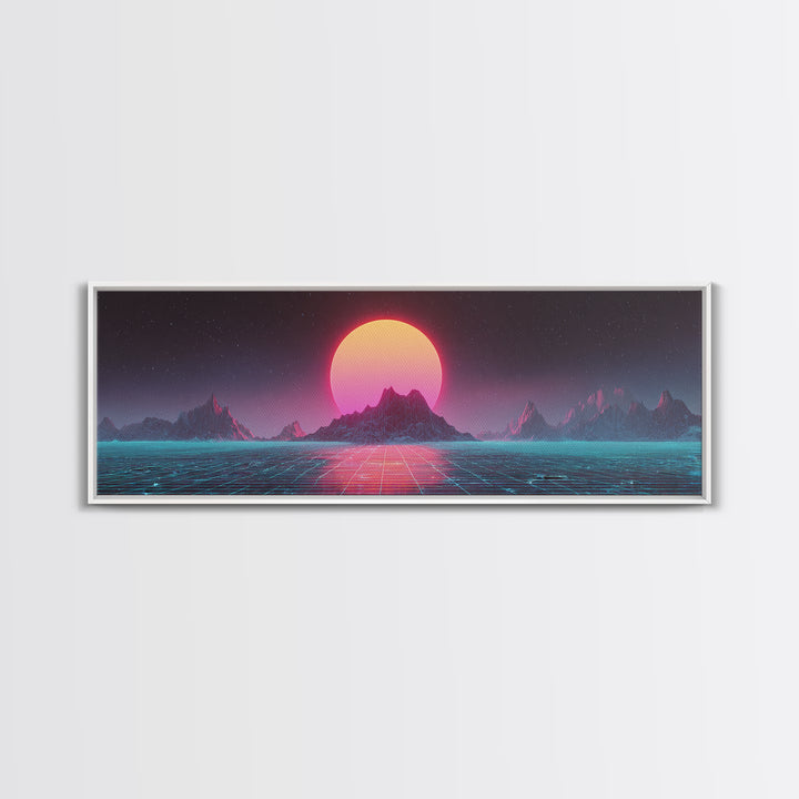 Alien Mountain Grid Sunset Wall Art, Retro Futuristic Synthwave Landscape, Vaporwave Home Decor, Large Horizontal Art Print