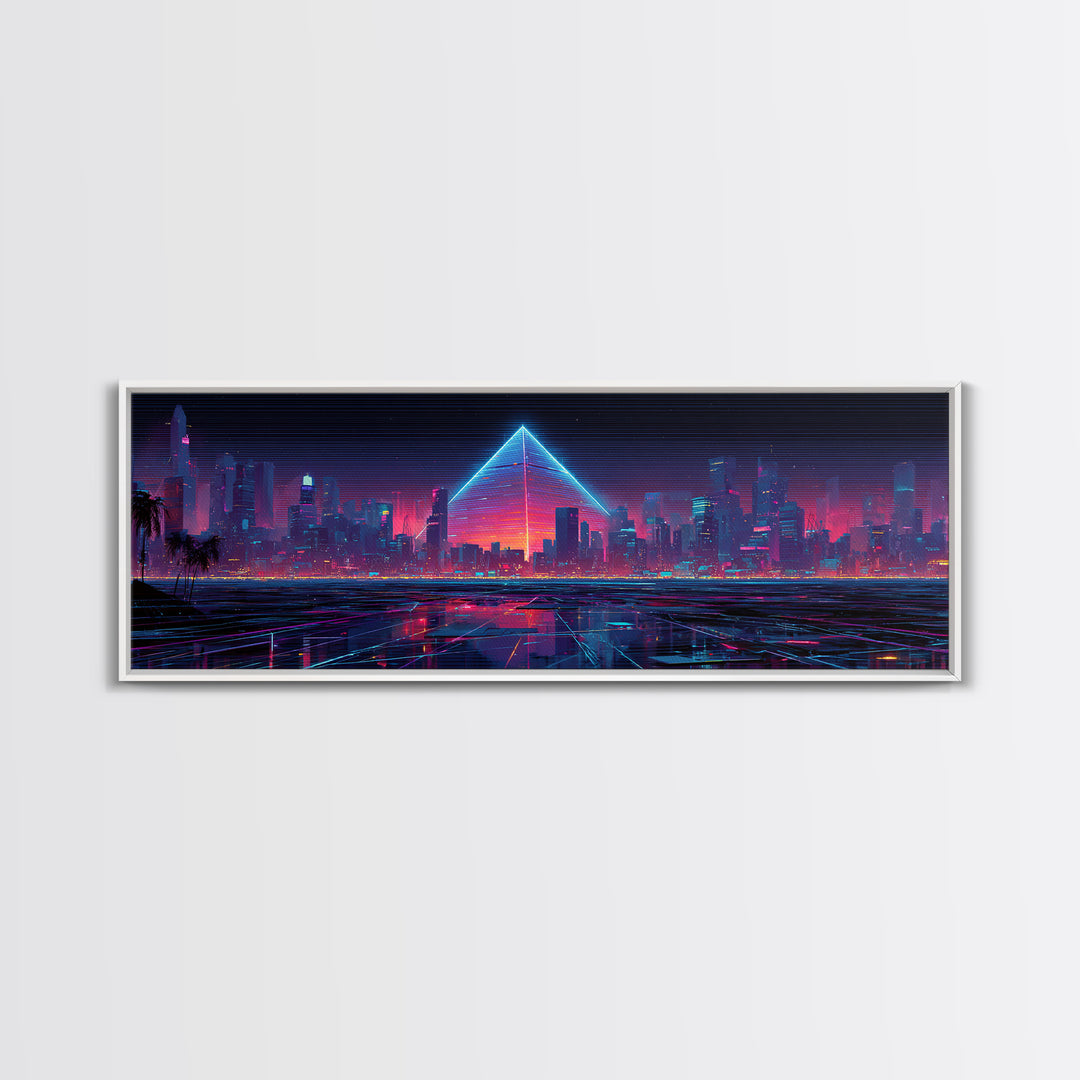 Cyberpunk Neon City With Glowing Pyramid, Futuristic Wall Art, Synthwave Canvas Print, Gaming Room Decor, Modern Office Art