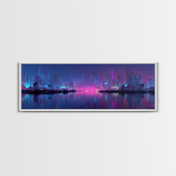 Neon Cyberpunk Skyline Canvas Print, Futuristic Cityscape Wall Art, Vaporwave Office Decor, Large Modern Urban Night Art
