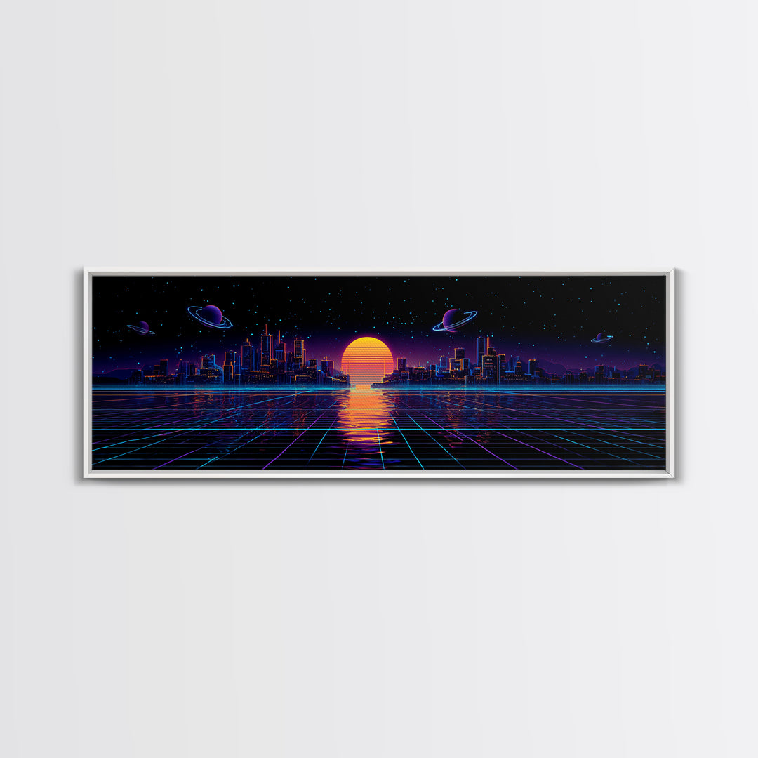 Synthwave City Skyline Over Neon Grid Canvas Print, Retro Futuristic Wall Art, Cyberpunk Decor, Vaporwave Poster Gift For Him