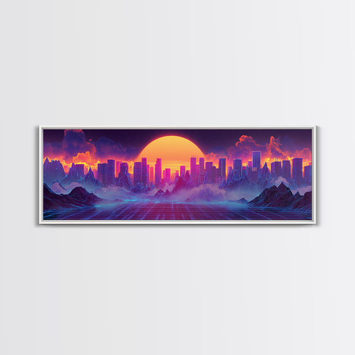 Synthwave City Sunset Skyline Canvas Print, Retro Futuristic Wall Art, Neon Mountain Decor, Vaporwave Living Room Art, Home Decor