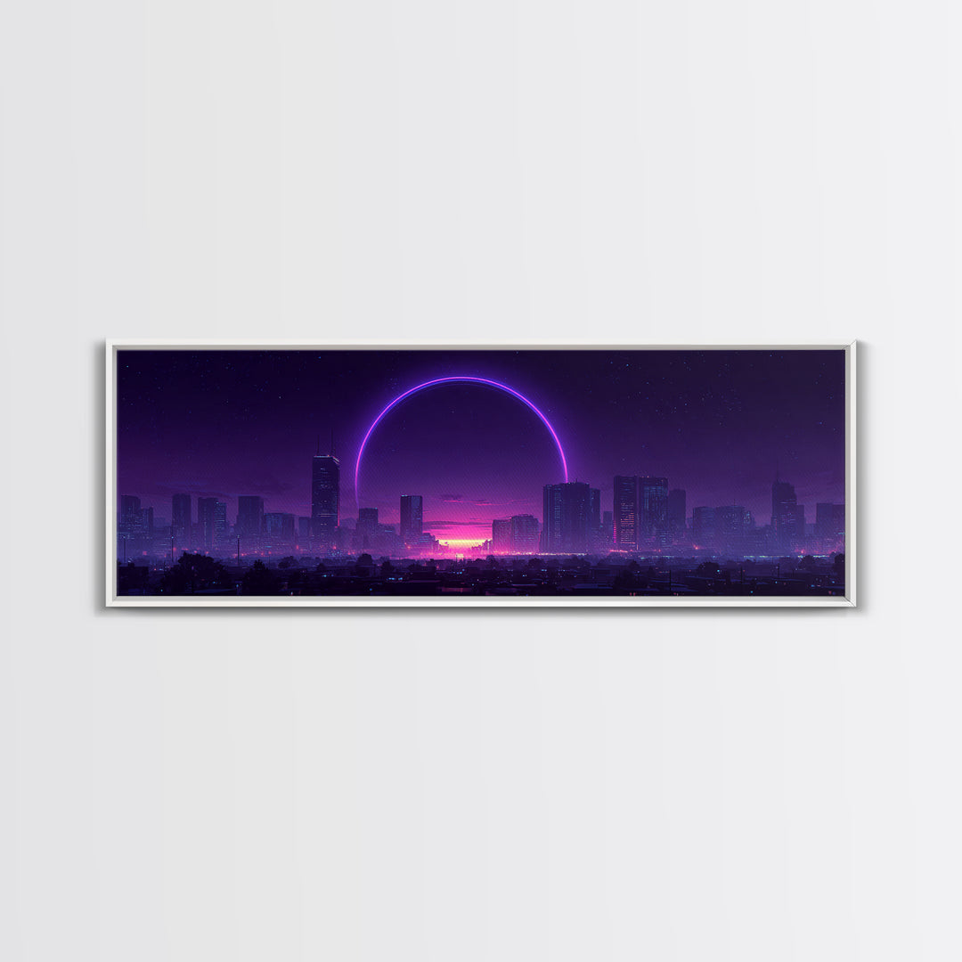 Neon City Skyline With Purple Eclipse Canvas Print, Cyberpunk Wall Art, Futuristic Urban Decor, Gaming Room Statement Art