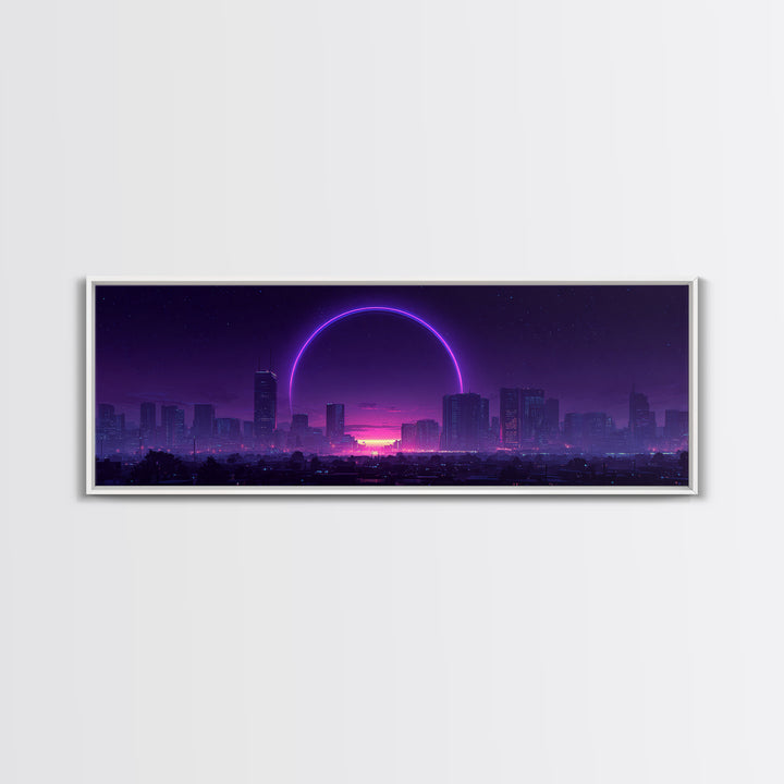 Neon City Skyline With Purple Eclipse Canvas Print, Cyberpunk Wall Art, Futuristic Urban Decor, Gaming Room Statement Art