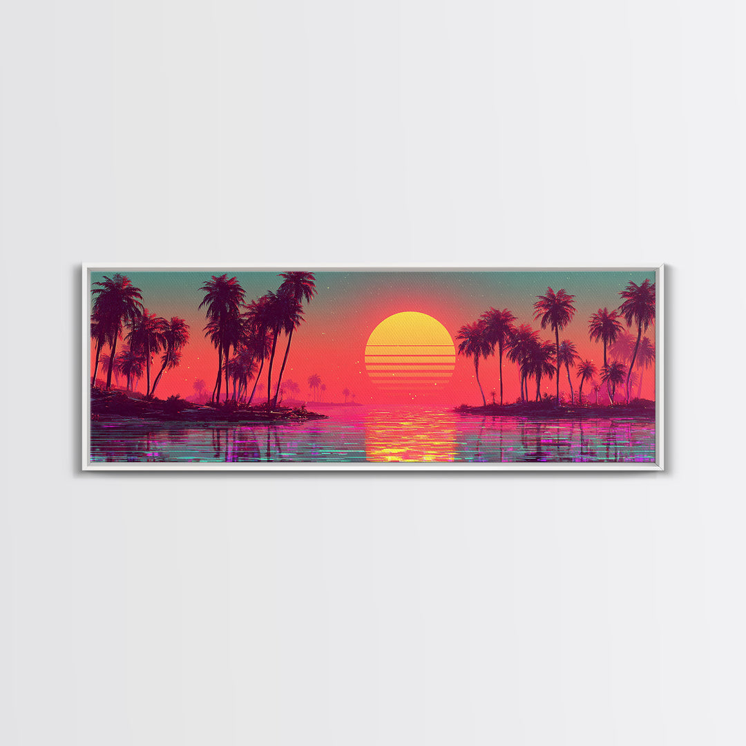 Pastel Tropical Lagoon Sunset With Palms, Vaporwave Canvas Print, Coastal Wall Art, Beach House Decor, Pink Room Decor Print