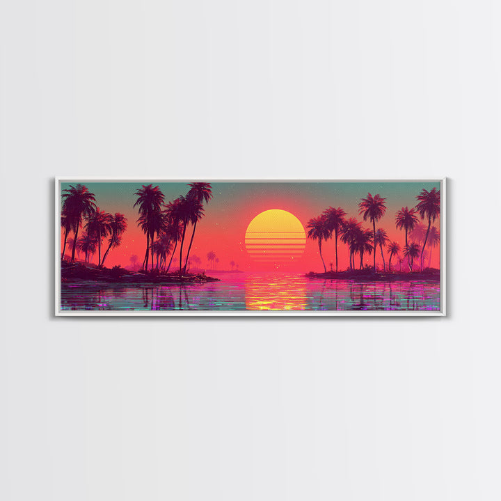 Pastel Tropical Lagoon Sunset With Palms, Vaporwave Canvas Print, Coastal Wall Art, Beach House Decor, Pink Room Decor Print