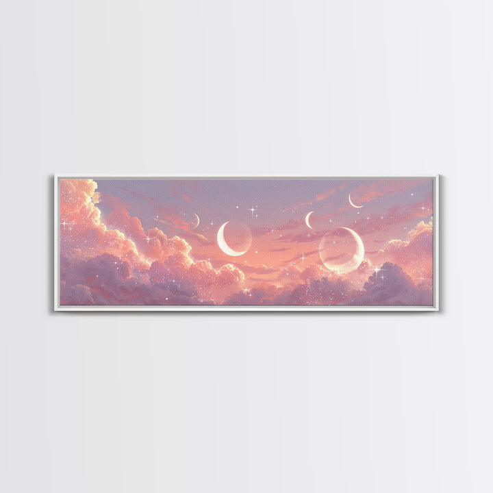 Pink Celestial Cloudscape With Crescent Moons Canvas Print, Dreamy Wall Art, Starry Nursery Decor, Romantic Bedroom Art Print