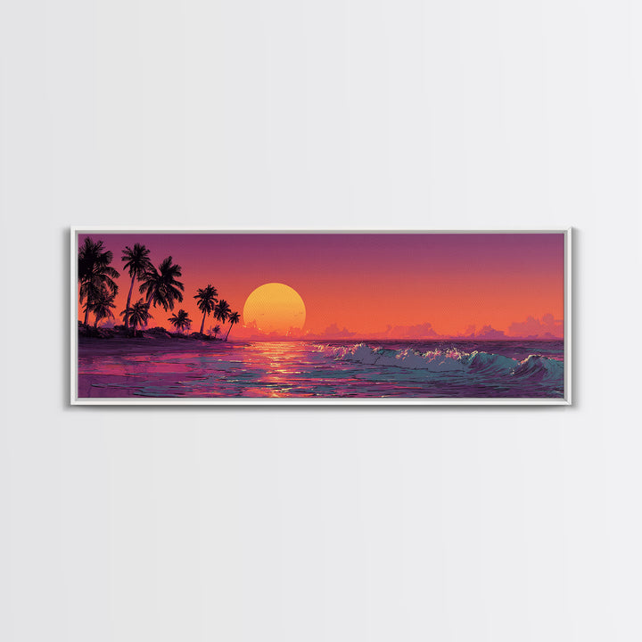 Tropical Orange Sunset Over Ocean Canvas Print, Palm Tree Beach Wall Decor, Coastal Seascape Art For Living Room, Home Decor