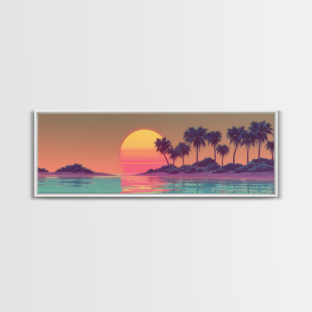 Tropical Palm Island Sunset Canvas Print, Retro Coastal Wall Art, Beach House Decor, Vaporwave Summer Landscape Art Print