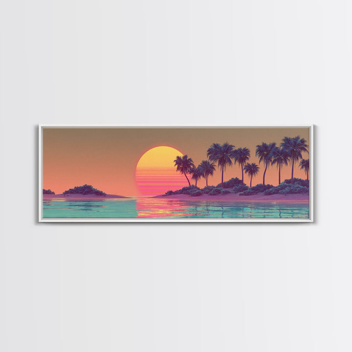 Tropical Palm Island Sunset Canvas Print, Retro Coastal Wall Art, Beach House Decor, Vaporwave Summer Landscape Art Print