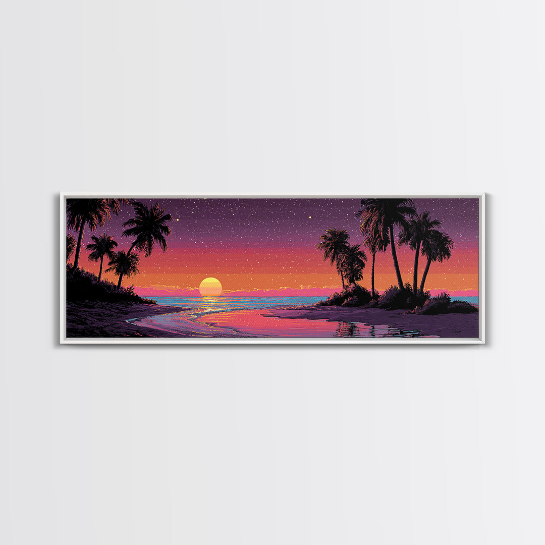 Tropical Pixel Sunset Beach With Palms, Retro Vaporwave Canvas Print, Coastal Wall Art, Beach House Decor, Gift For Her Print