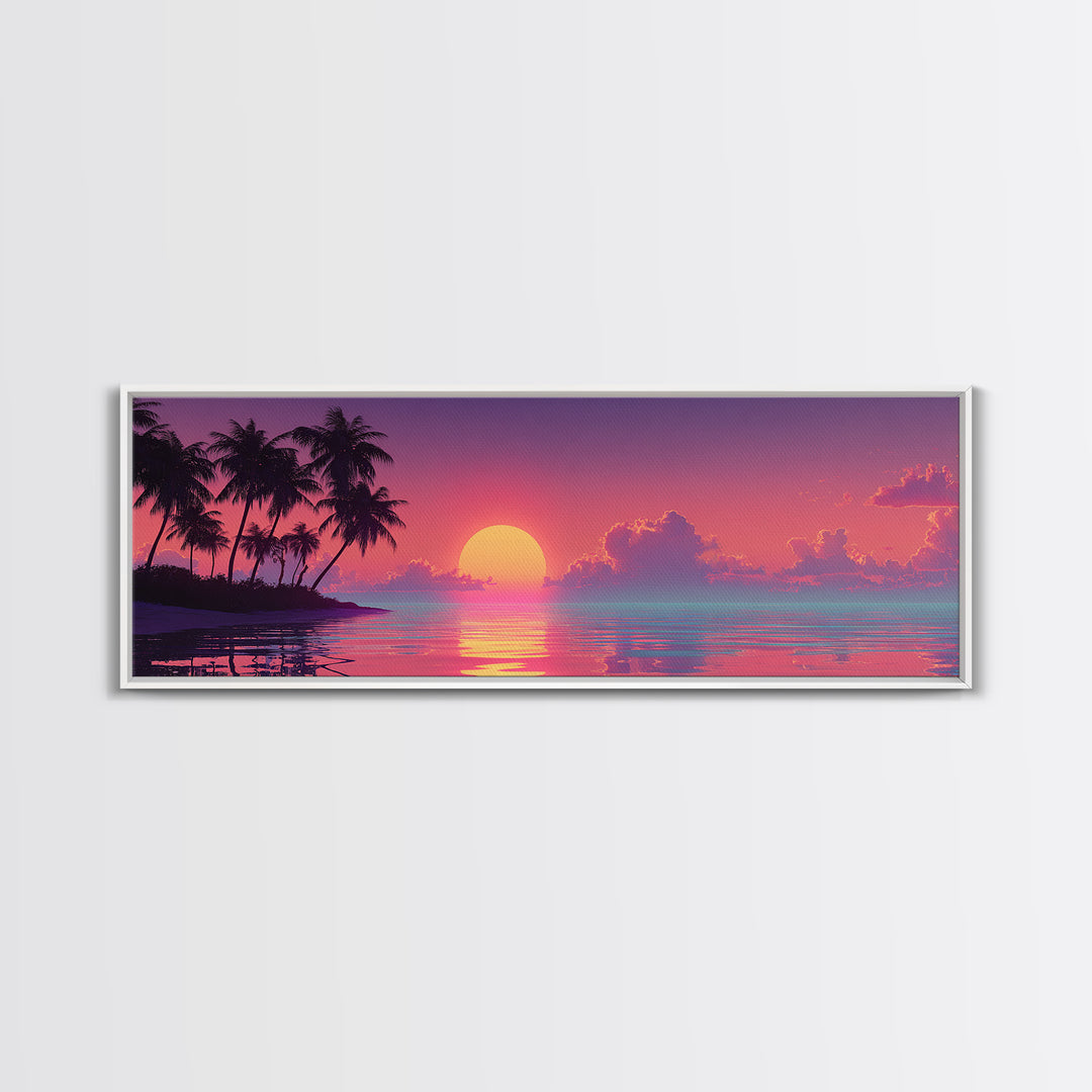 Pastel Island Sunset Over Calm Ocean Canvas Print, Tropical Palm Beach Wall Art, Coastal Home Decor, Pink Seascape Print