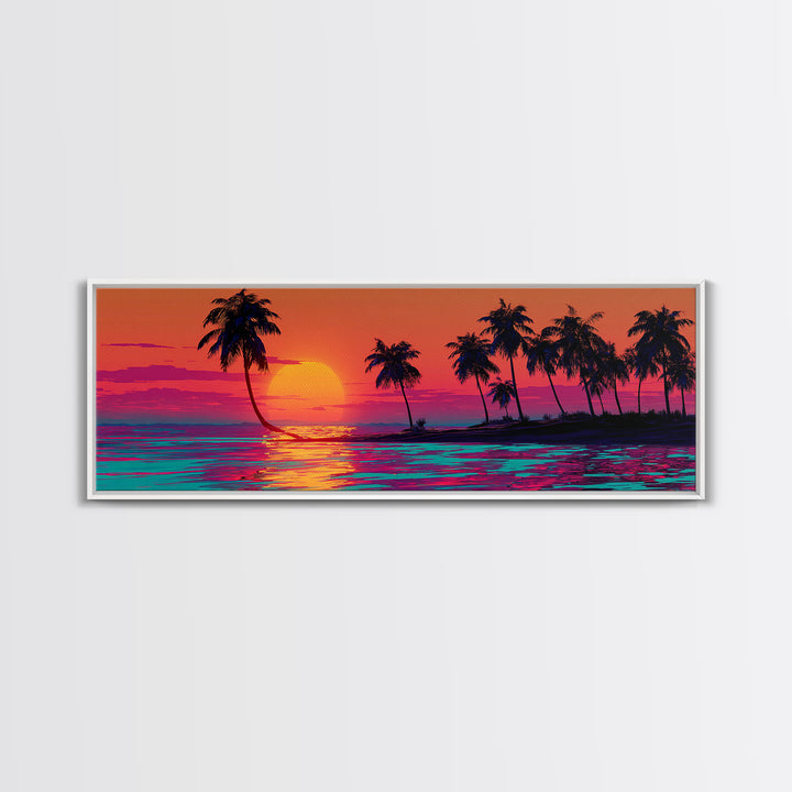 Palm Island Sunset With Neon Ocean, Tropical Wall Art, Coastal Canvas Print, Beach House Decor, Colorful Living Room Art
