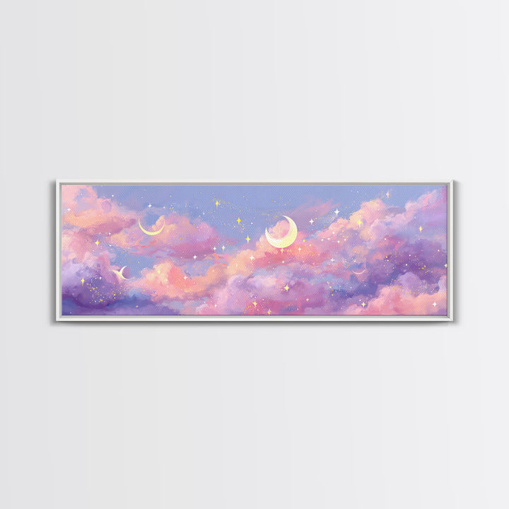 Pastel Crescent Moon Clouds Wall Art, Magical Celestial Nursery Decor, Whimsical Kids Room Print, Dreamy Bedroom Canvas Art