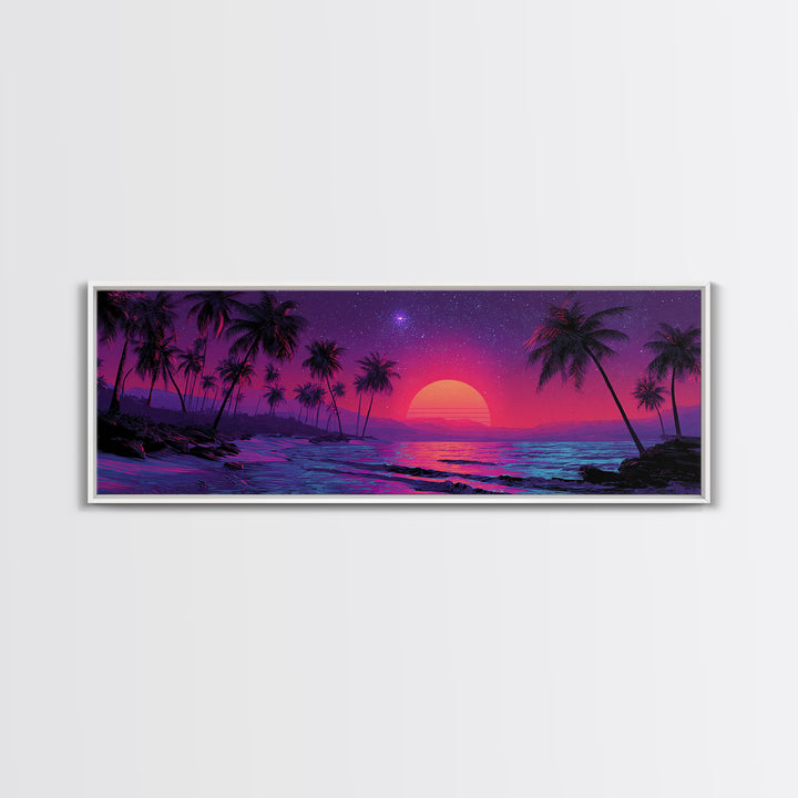 Neon Tropical Palm Beach Canvas Print, Retro Sunset Wall Art, Coastal Decor, Vaporwave Ocean Art Print, Summer Bedroom Art