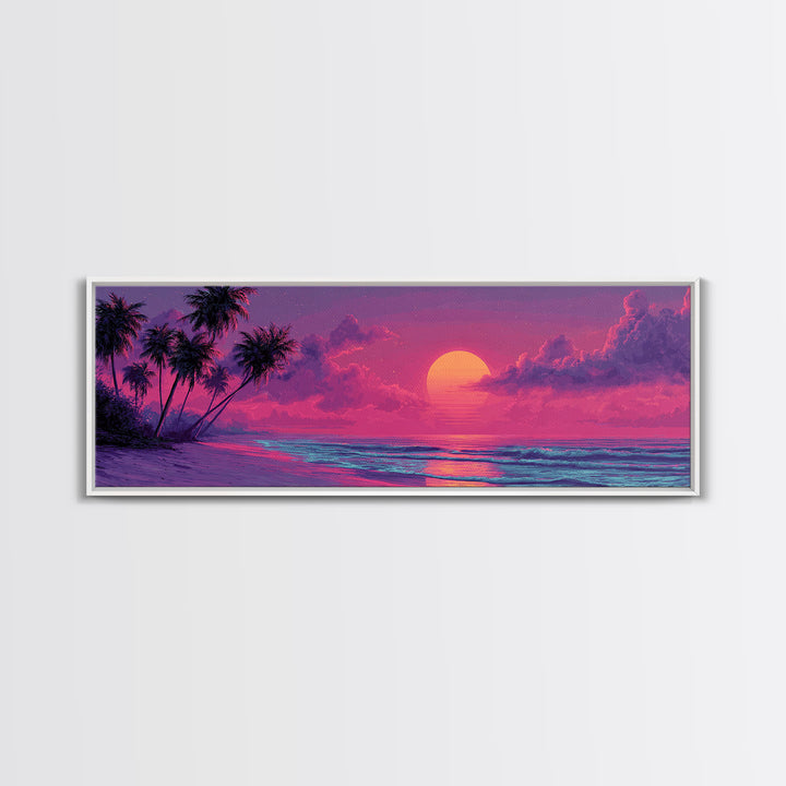 Pink Tropical Beach Sunset Wall Art, Ocean Palm Tree Canvas Print, Coastal Landscape Decor For Bedroom Living Room Wall Decor