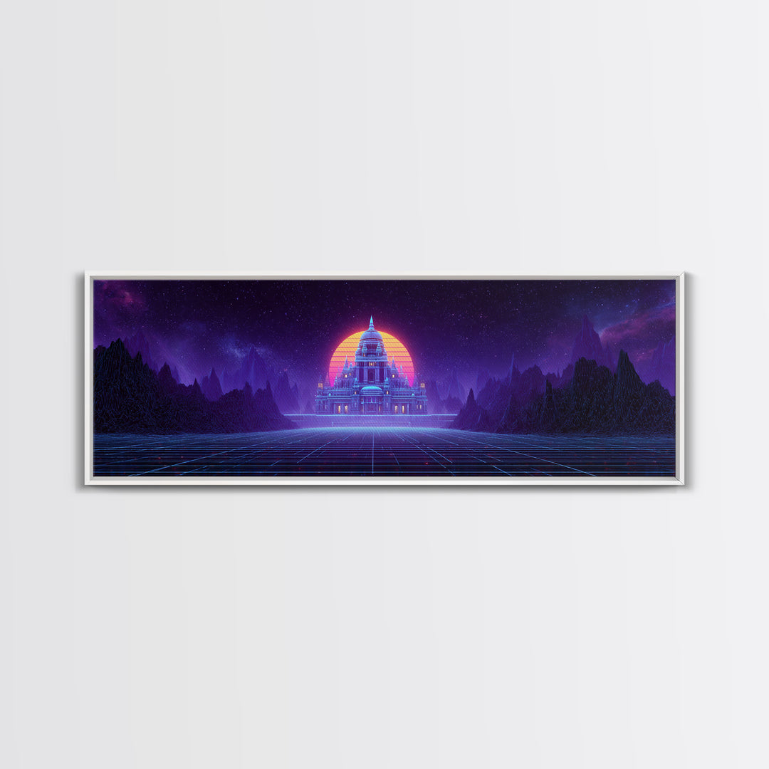 Neon Temple Beneath Cosmic Sunset Framed Canvas Print, Synthwave Wall Art, Futuristic Decor, Sci Fi Living Room Art, Home Decor