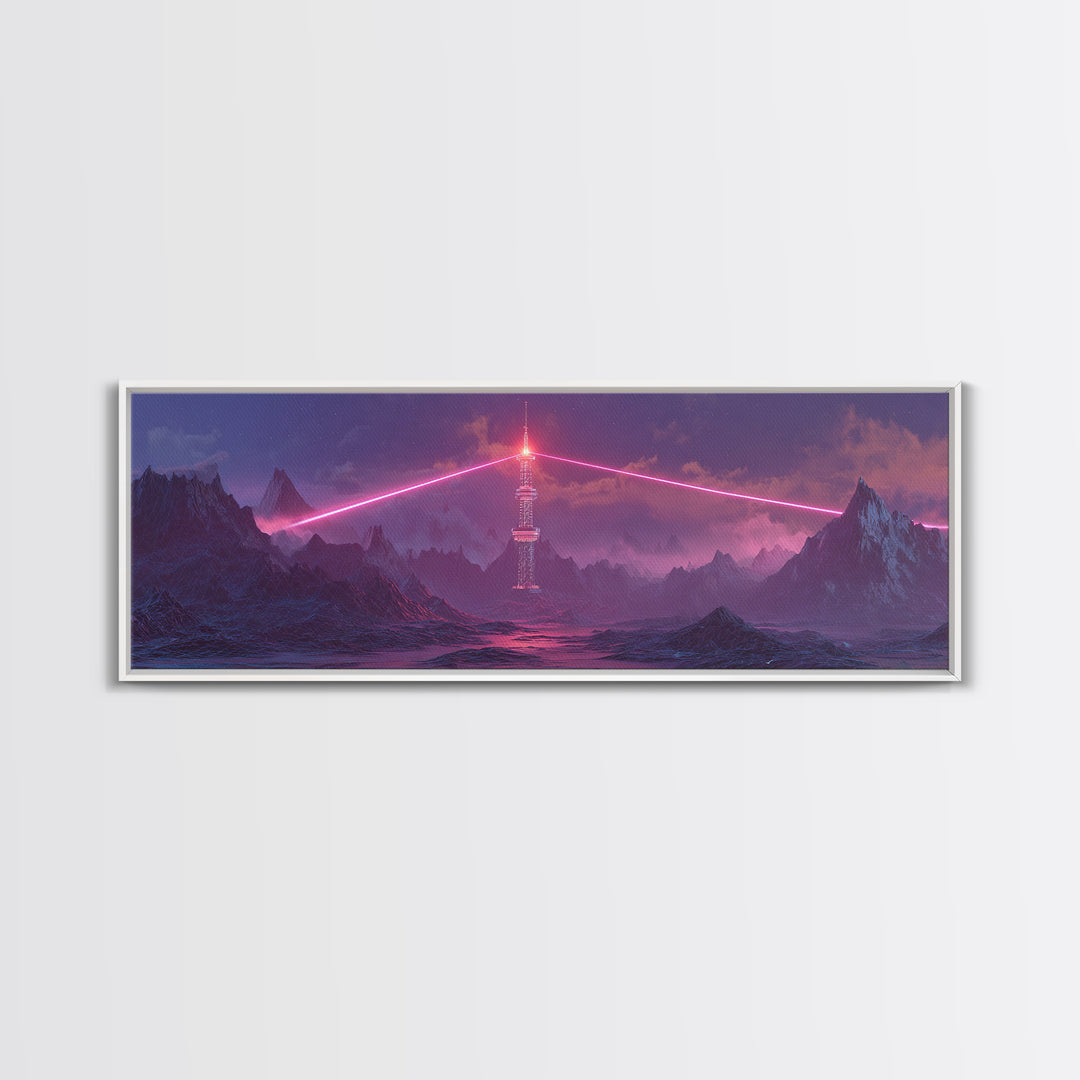 Cyberpunk Mountain Tower Canvas Print, Neon Sci Fi Wall Art, Futuristic Landscape Decor, Gaming Room Poster, Gift For Him