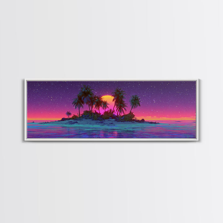 Neon Island Moonrise Wall Art, Starry Tropical Ocean Canvas Print, Purple Pink Coastal Decor, Fantasy Beach House Living Room Print