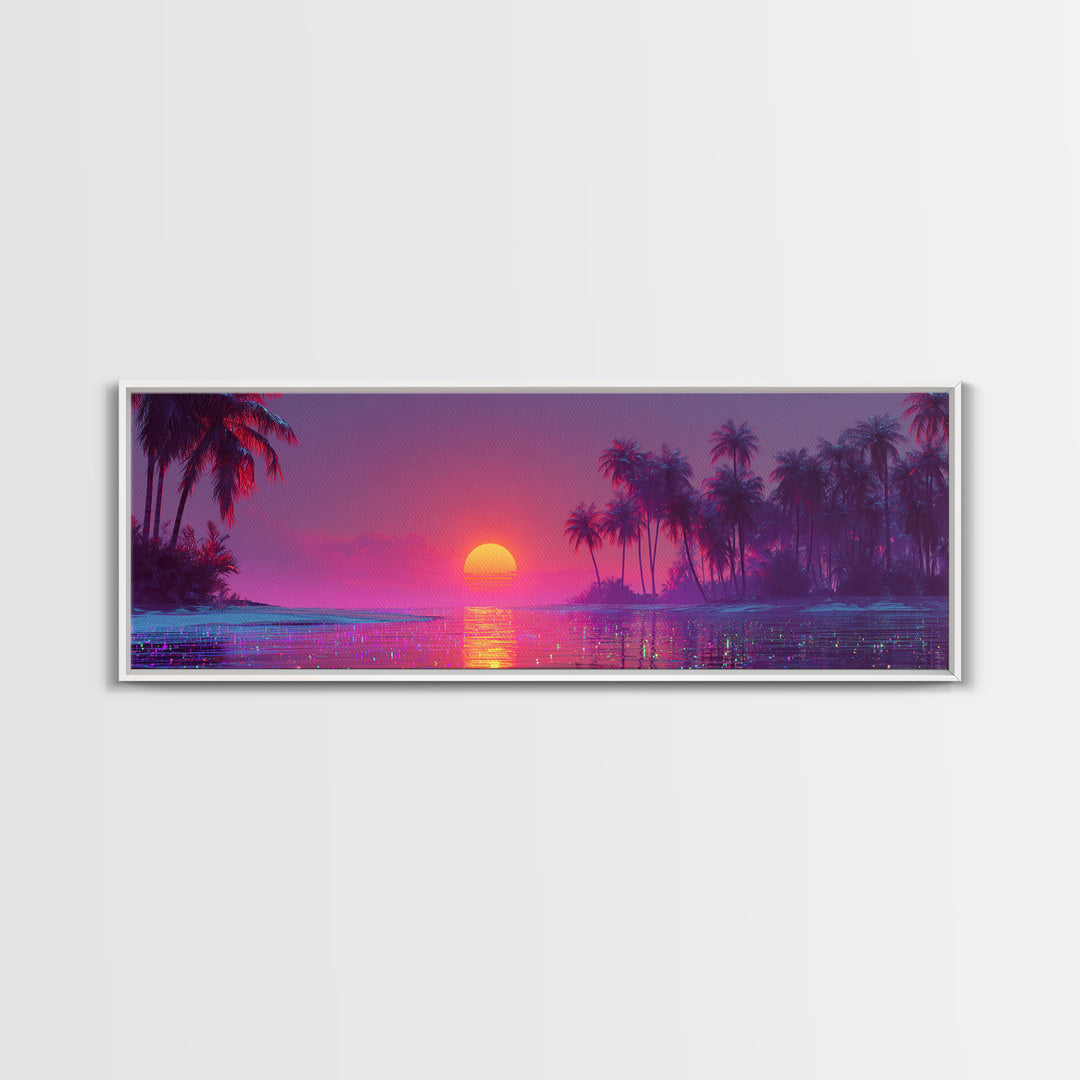 Pink Tropical Ocean Sunset Canvas Print, Palm Island Wall Art, Coastal Beach Decor, Large Vibrant Seascape Wall Art Print