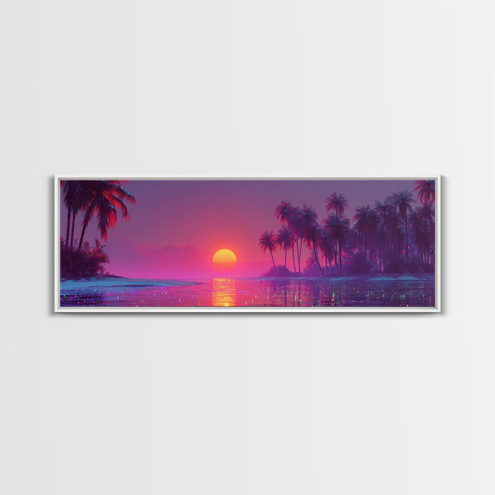 Pink Tropical Ocean Sunset Canvas Print, Palm Island Wall Art, Coastal Beach Decor, Large Vibrant Seascape Wall Art Print