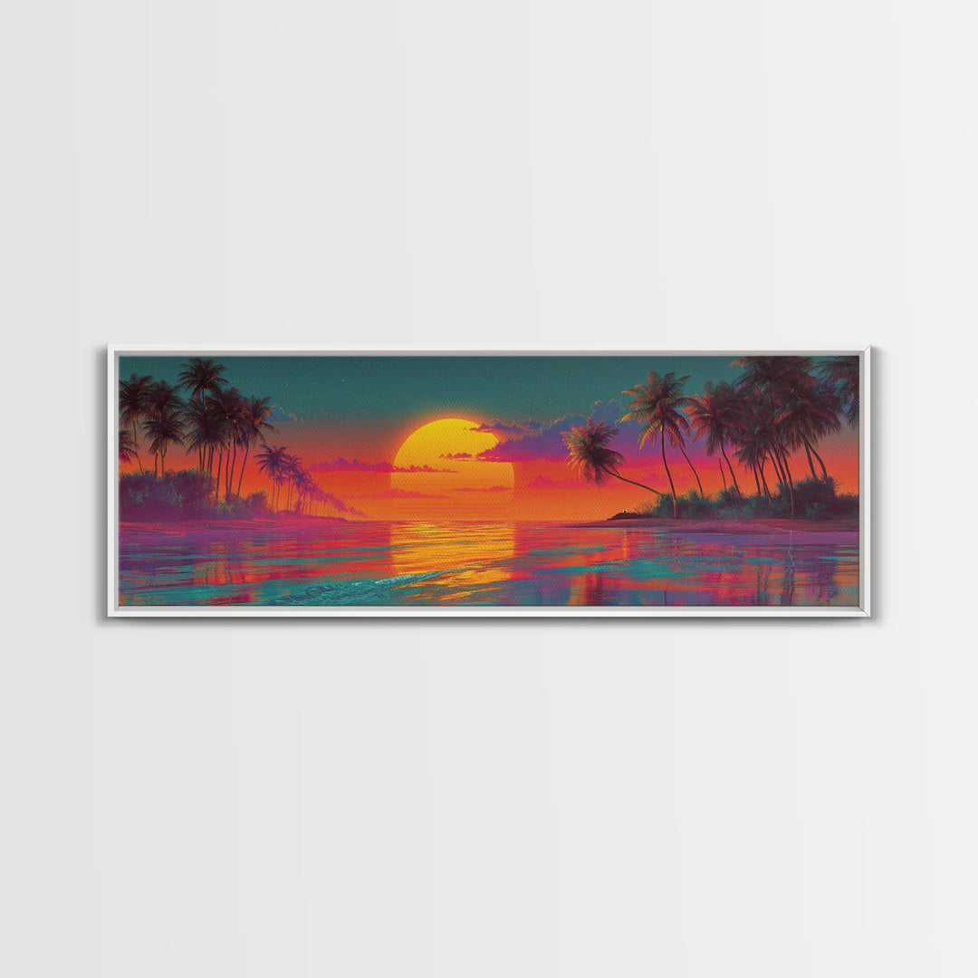 Vibrant Tropical Sunset Lagoon Wall Art, Extra Wide Panoramic Canvas Print, Beach House Decor, Coastal Living Room Wall Decor