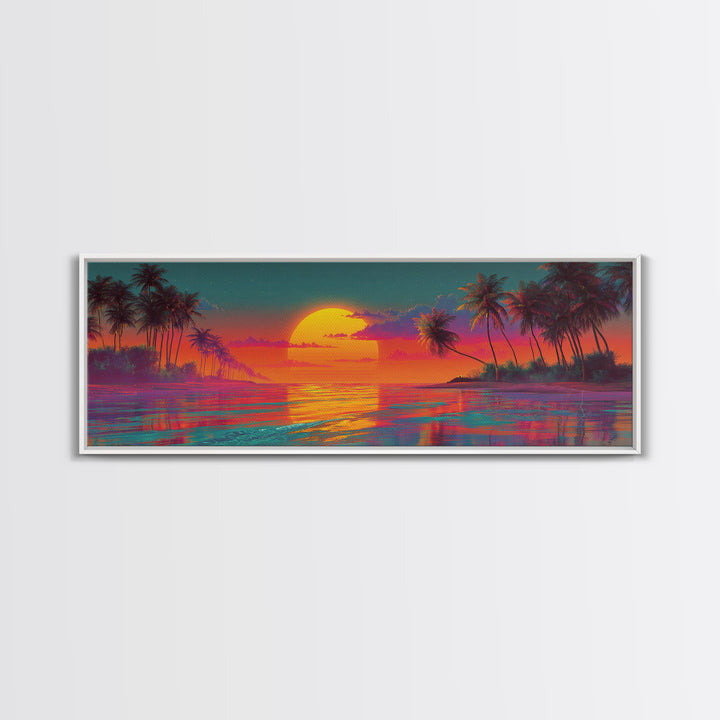 Vibrant Tropical Sunset Lagoon Wall Art, Extra Wide Panoramic Canvas Print, Beach House Decor, Coastal Living Room Wall Decor