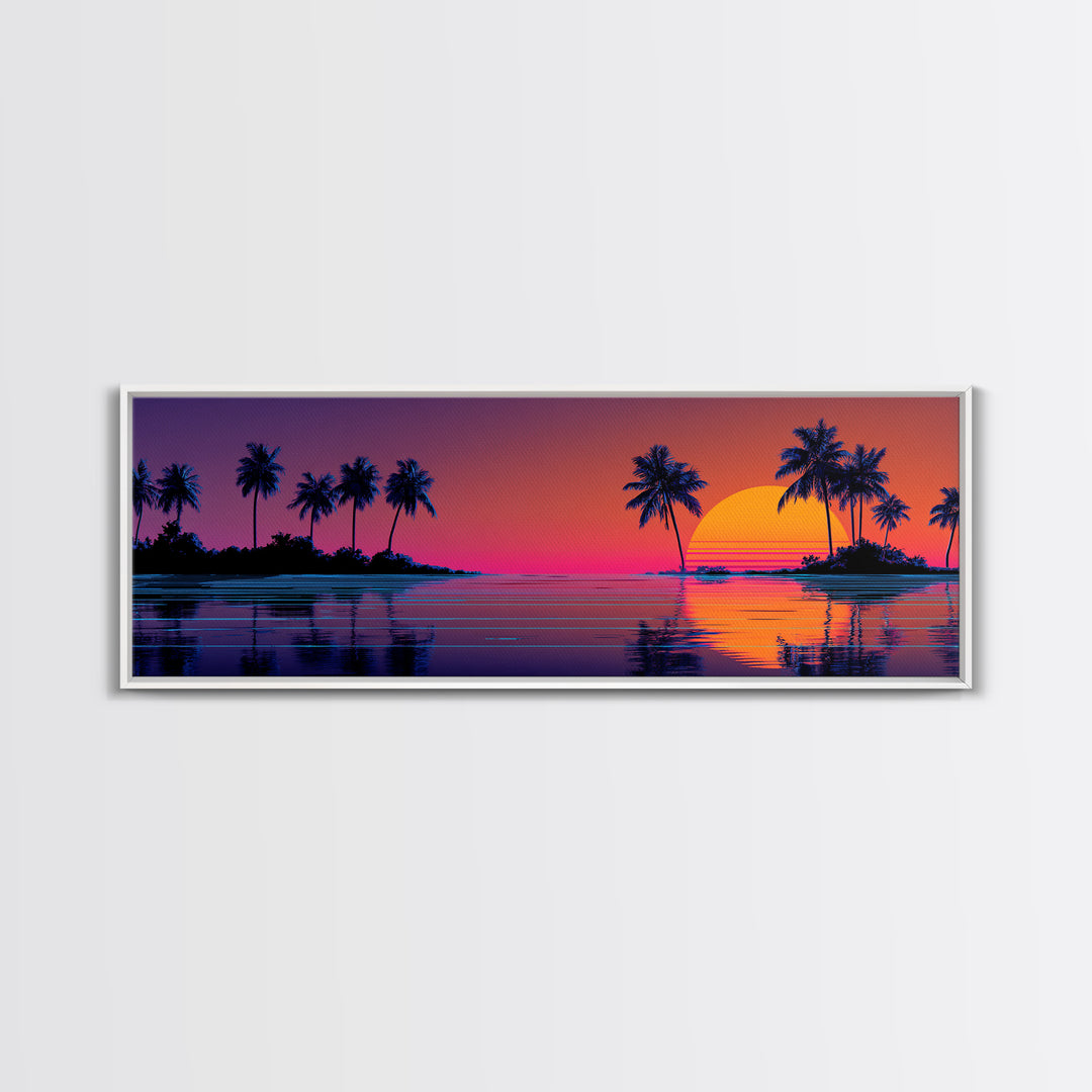 Tropical Island Sunset With Palm Trees Canvas Print, Retro Coastal Wall Art, Beach House Decor, Ocean Print For Living Room