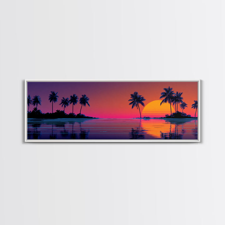 Tropical Island Sunset With Palm Trees Canvas Print, Retro Coastal Wall Art, Beach House Decor, Ocean Print For Living Room