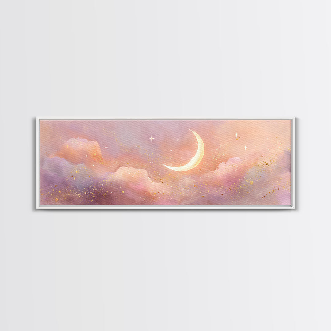 Peach Crescent Moon Over Pastel Clouds Framed Canvas Print, Celestial Wall Art, Soft Nursery Decor, Calming Bedroom Art Print