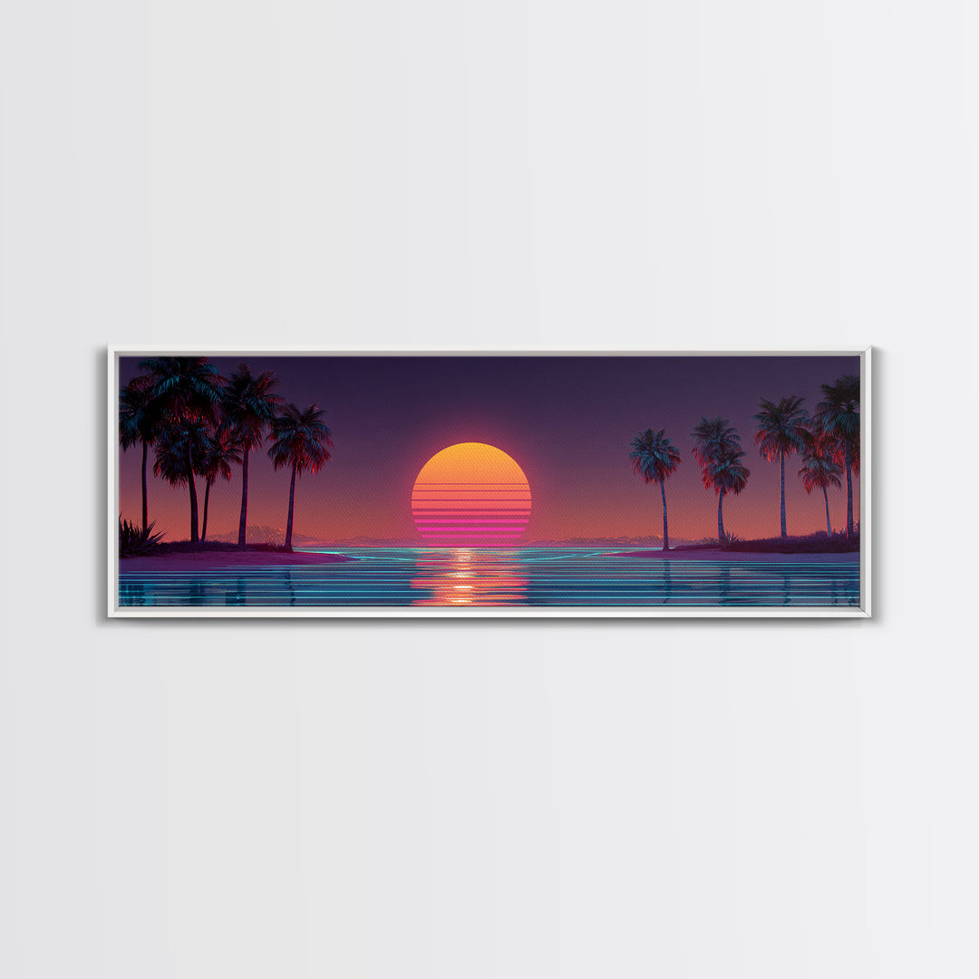 Retro Tropical Palm Sunset Wall Art, Vaporwave Beach Canvas Print, Neon Coastal Decor, 80s Aesthetic Room Decor, Gift For Him