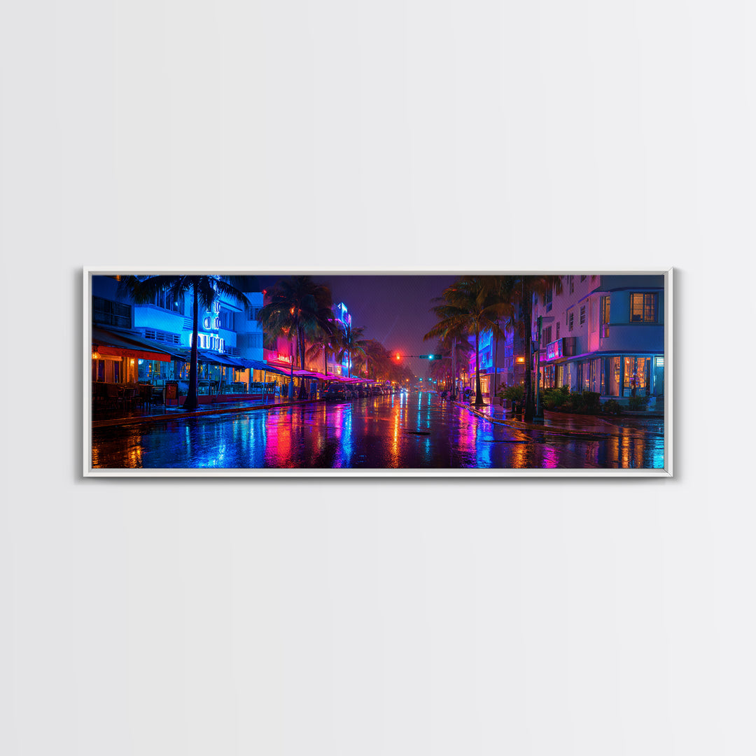 Rainy Neon Miami Street At Night Canvas Print, Cyberpunk City Wall Art, Urban Photography Decor For Modern Home Office Wall Decor