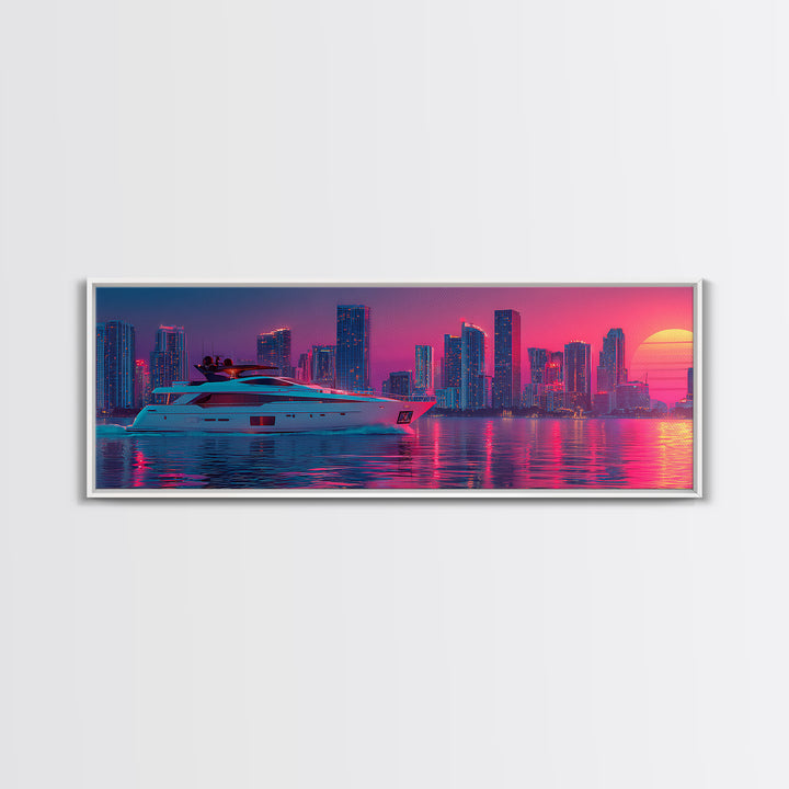 Neon Yacht And Miami Skyline Framed Canvas Print, Cyberpunk Coastal Wall Art, Vaporwave City Decor, Luxury Beach Poster Print
