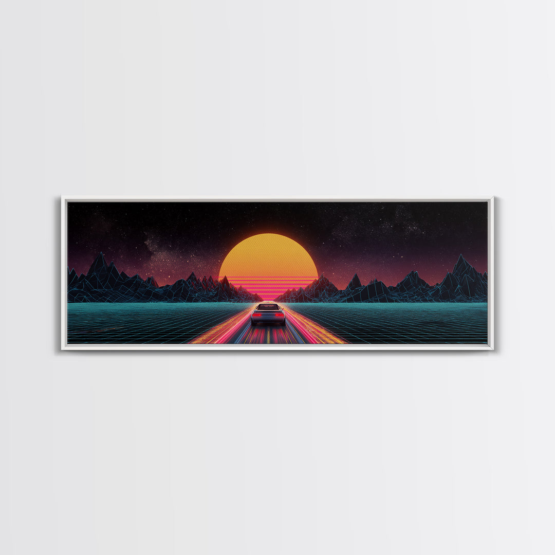 Retro Synthwave Car At Neon Sunset Canvas Print, Futuristic Wall Art, 80s Vaporwave Decor, Gaming Room, Gift For Him, Modern Home Decor