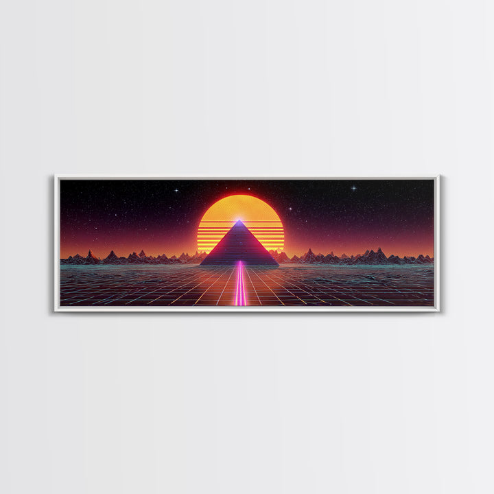 Neon Pyramid Sunset Grid Canvas Print, Retro Futuristic Wall Art, Synthwave Decor, Gaming Room Decor, Large Statement Artwork
