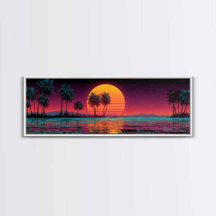 Neon Tropical Sunset Palms Over Ocean Canvas Print, Retro Futuristic Wall Art, Synthwave Beach Decor For Modern Living Room