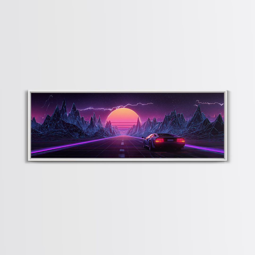 Synthwave Mountain Highway Canvas Print, Retro Futuristic Car Wall Art, Neon Gaming Room Decor, Vaporwave Poster, Cyberpunk Gift For Him