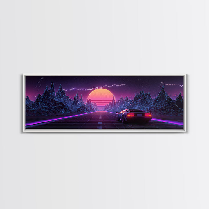 Synthwave Mountain Highway Canvas Print, Retro Futuristic Car Wall Art, Neon Gaming Room Decor, Vaporwave Poster, Cyberpunk Gift For Him
