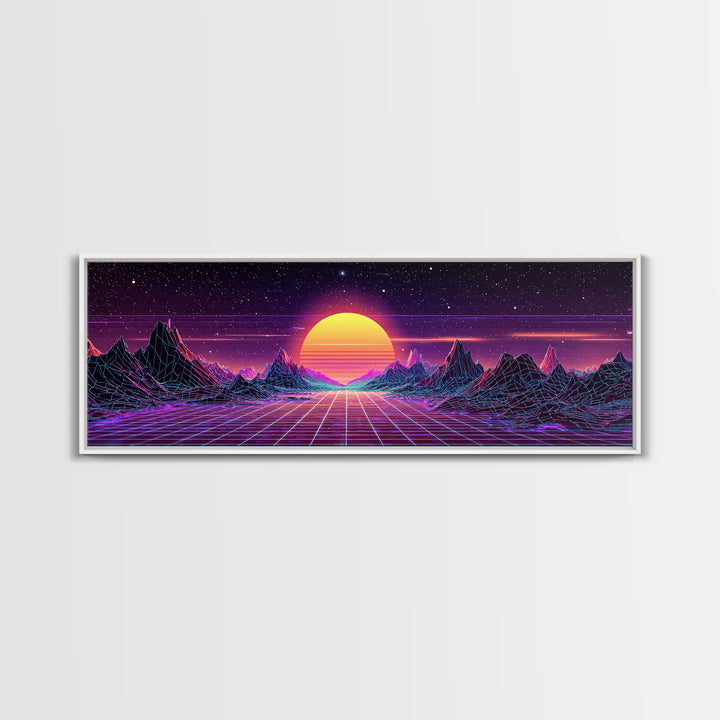 Retro Futuristic Mountain Grid Sunset Canvas Print, Synthwave Wall Art, Neon Vaporwave Decor For Game Room Or Dorm Room Decor