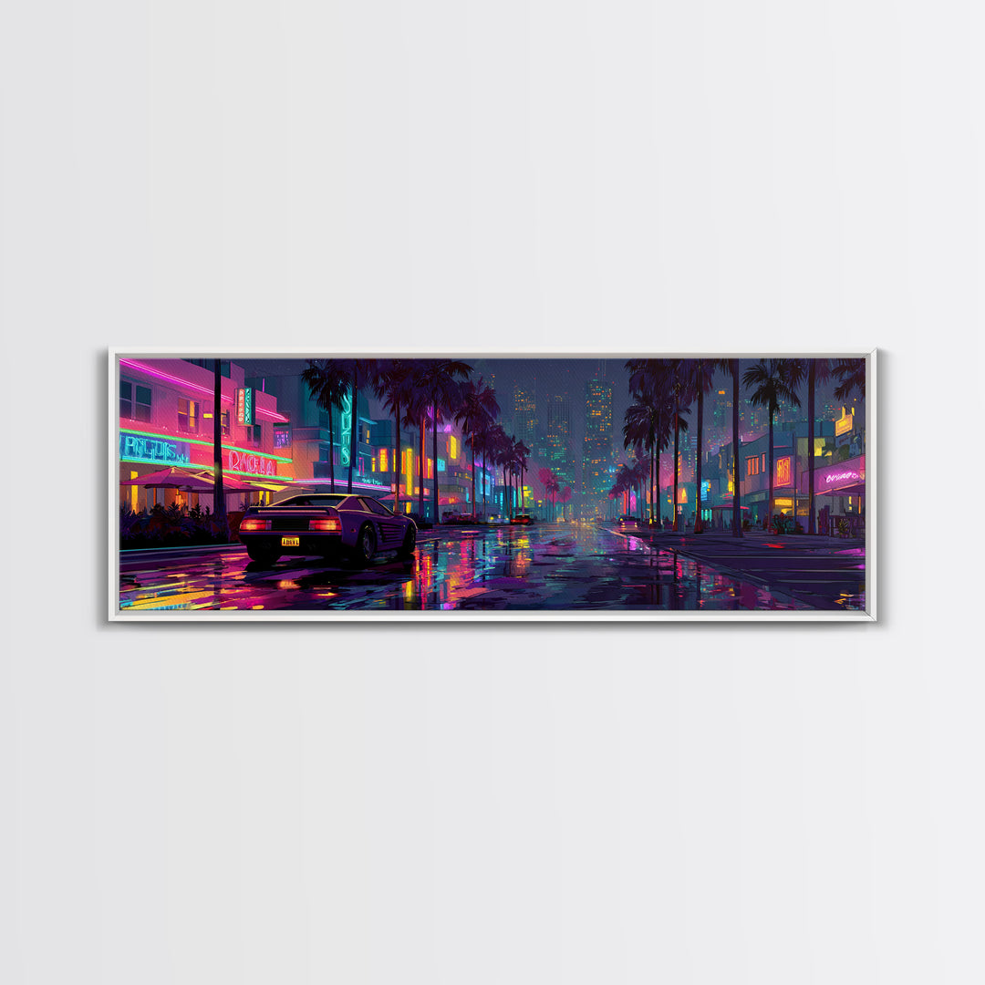 Neon Cyberpunk City Street Wall Art, Futuristic Canvas Print For Gaming Room Decor, Vaporwave Apartment Decor Gift For Him