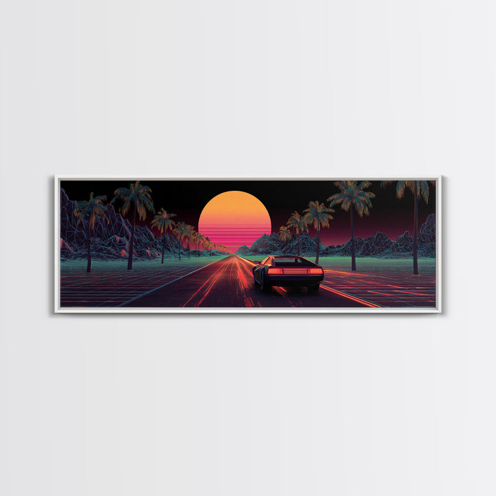 Retro Synthwave Car On Neon Palm Road Wall Art, 80s Vaporwave Canvas Print, Futuristic Cityscape Home Decor Poster For Living Room
