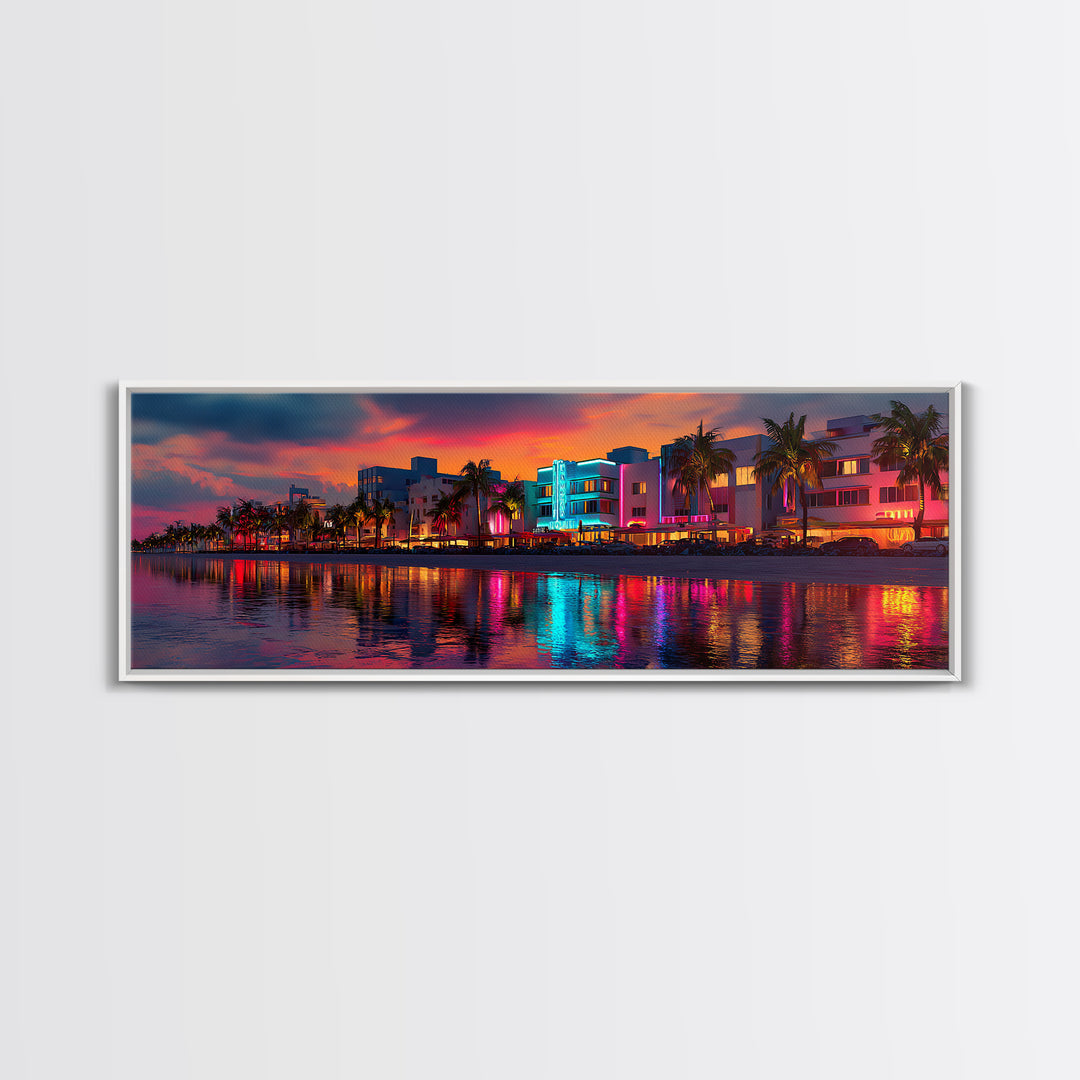 Vibrant Neon Miami Waterfront At Sunset Canvas Print, Tropical Palm City Wall Art, Coastal Home Decor, Art Deco Travel Poster Gift