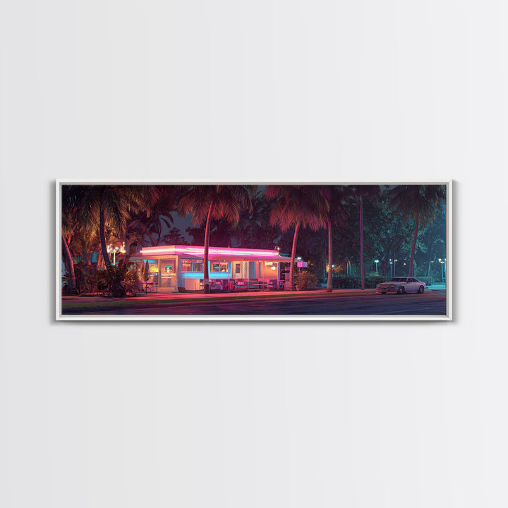 Neon Retro Diner At Night Framed Canvas Print, Cyberpunk Wall Art For Kitchen Bar Decor, Miami Vaporwave Home Decor Poster