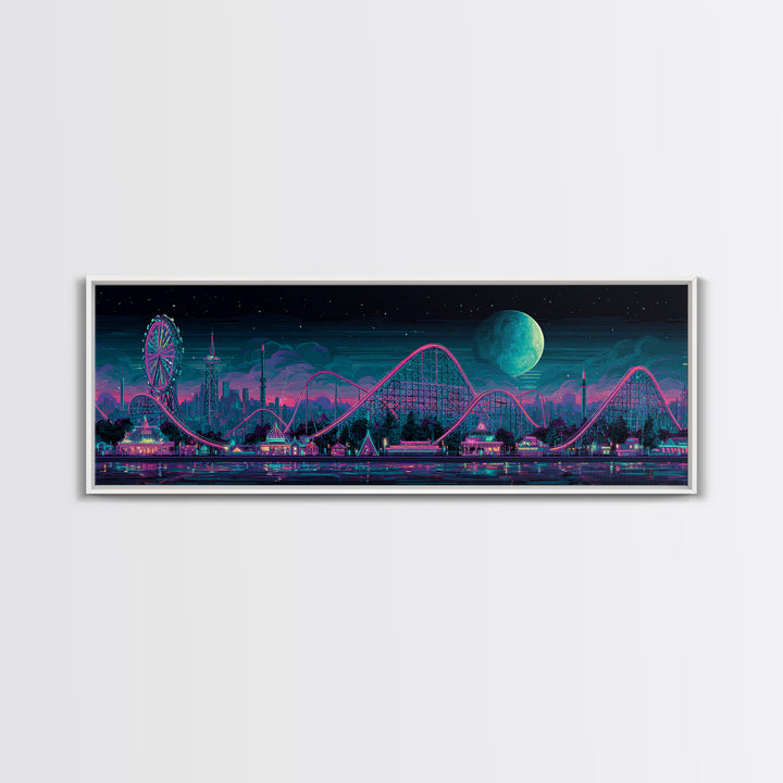Neon Roller Coaster Park Canvas Print, Retro Futuristic Skyline With Moon, Modern Cyberpunk Neon City Game Room Wall Art Decor