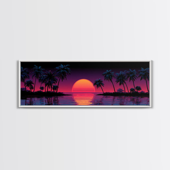 Neon Tropical Sunset Canvas Print, Retro Palm Tree Wall Art, Vaporwave Beach Decor, Coastal Summer Living Room Art, Large Poster