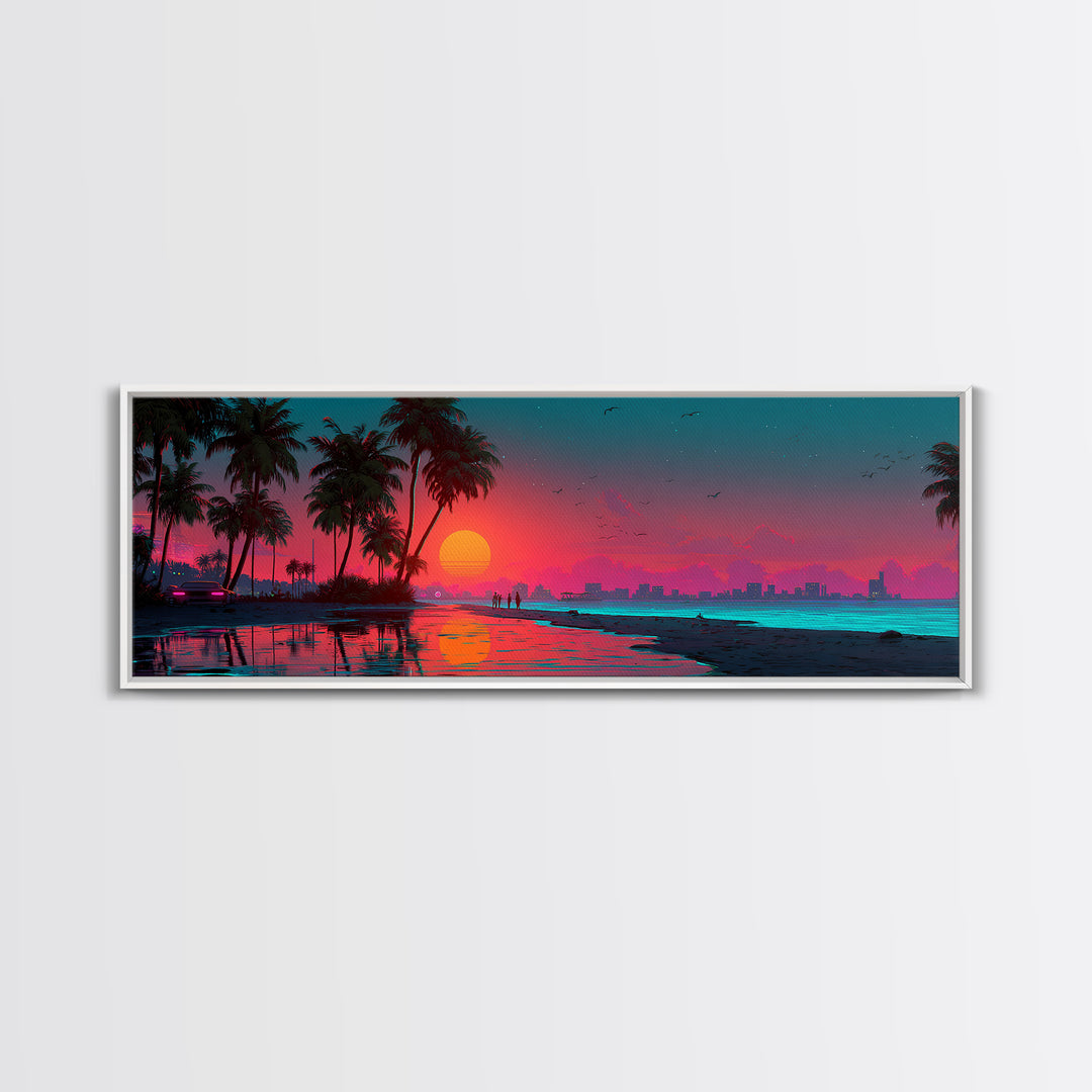Neon Tropical City Beach Sunset Wall Art, Synthwave Ocean Skyline, Retro Futuristic Large Horizontal Coastal Living Room Decor