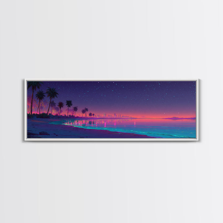 Neon Tropical Beach Skyline Under Stars, Coastal Canvas Print, Cityscape Wall Art, Beach House Decor, Modern Home Decor Print