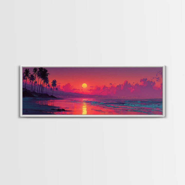 Magenta Tropical Beach Sunset Wall Art, Coastal Seascape Canvas Print, Palm Tree Decor, Summer Vibes, Living Room Poster
