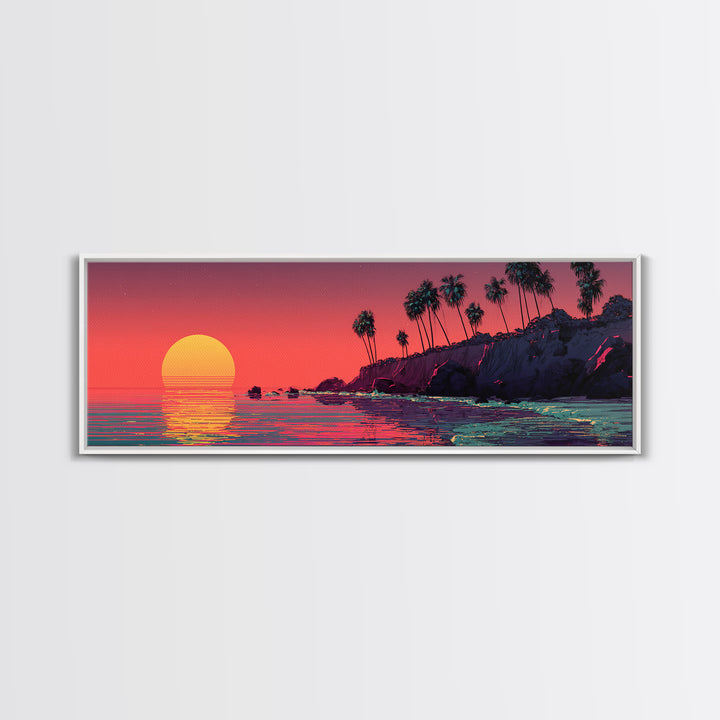 Retro Pixel Palm Beach Sunset Wall Art, Vaporwave Ocean Landscape Print, Tropical Coastal Decor, Long Horizontal Canvas Print