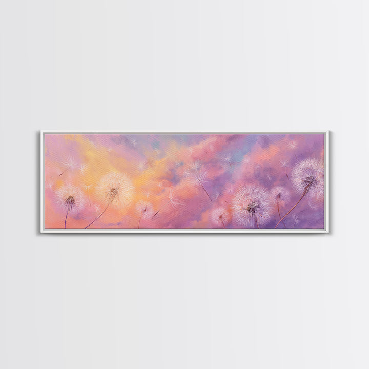 Pastel Dandelion Wishes Wall Art, Dreamy Wildflower Sky Print, Soft Floral Nursery Decor, Whimsical Bedroom Canvas Art, Gift For Her